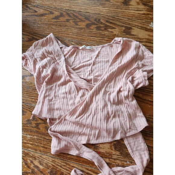 Reformation Petola Blush Flora Pink Ribbed Knit Crop Top Wrap Tie Waist sz Small - Picture 1 of 4